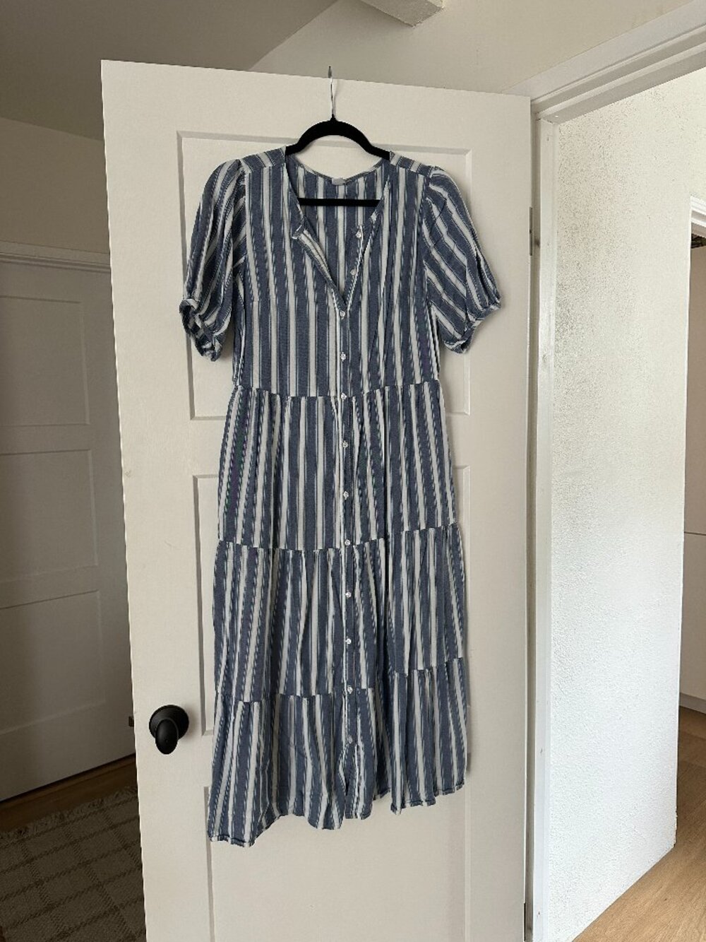 Womens long maxi blue white striped button dress